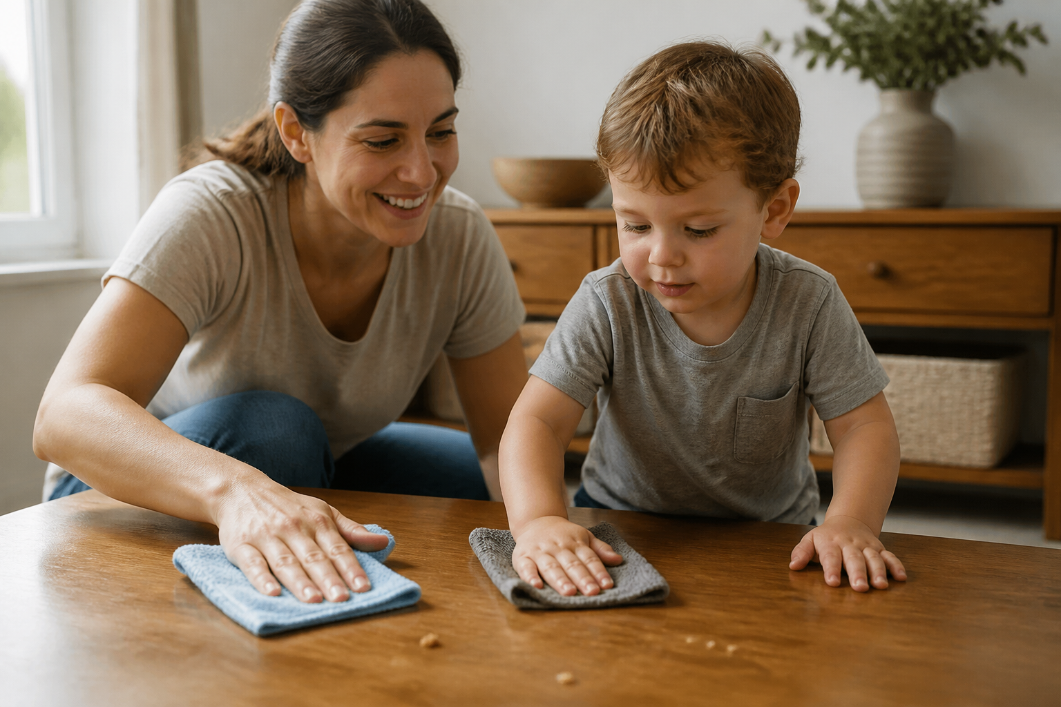 A caregiver demonstrates how to wipe a low table while a toddler copies the movement with another cloth.