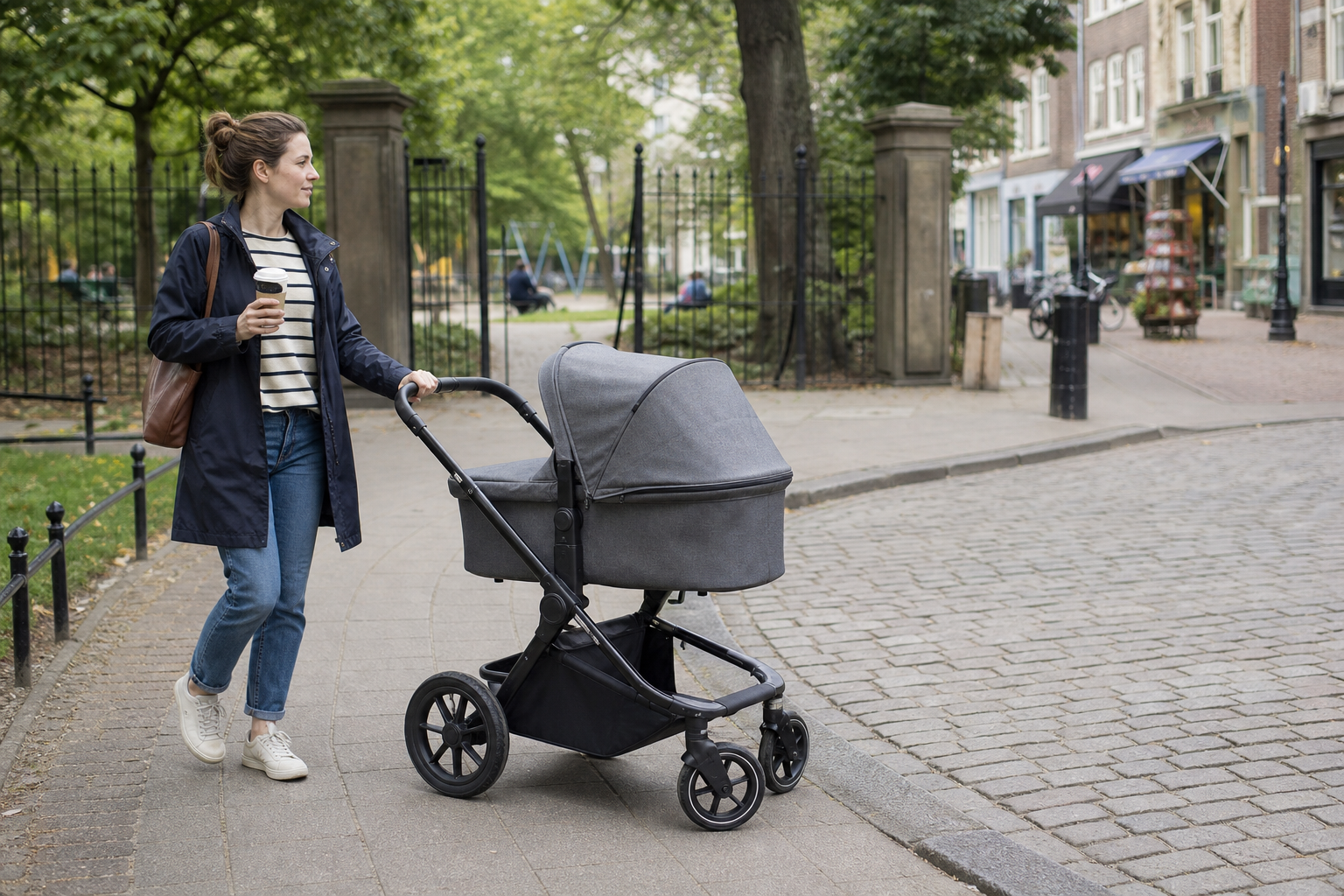 A parent guides a full-size pushchair from smooth pavement onto cobblestones near a low kerb.