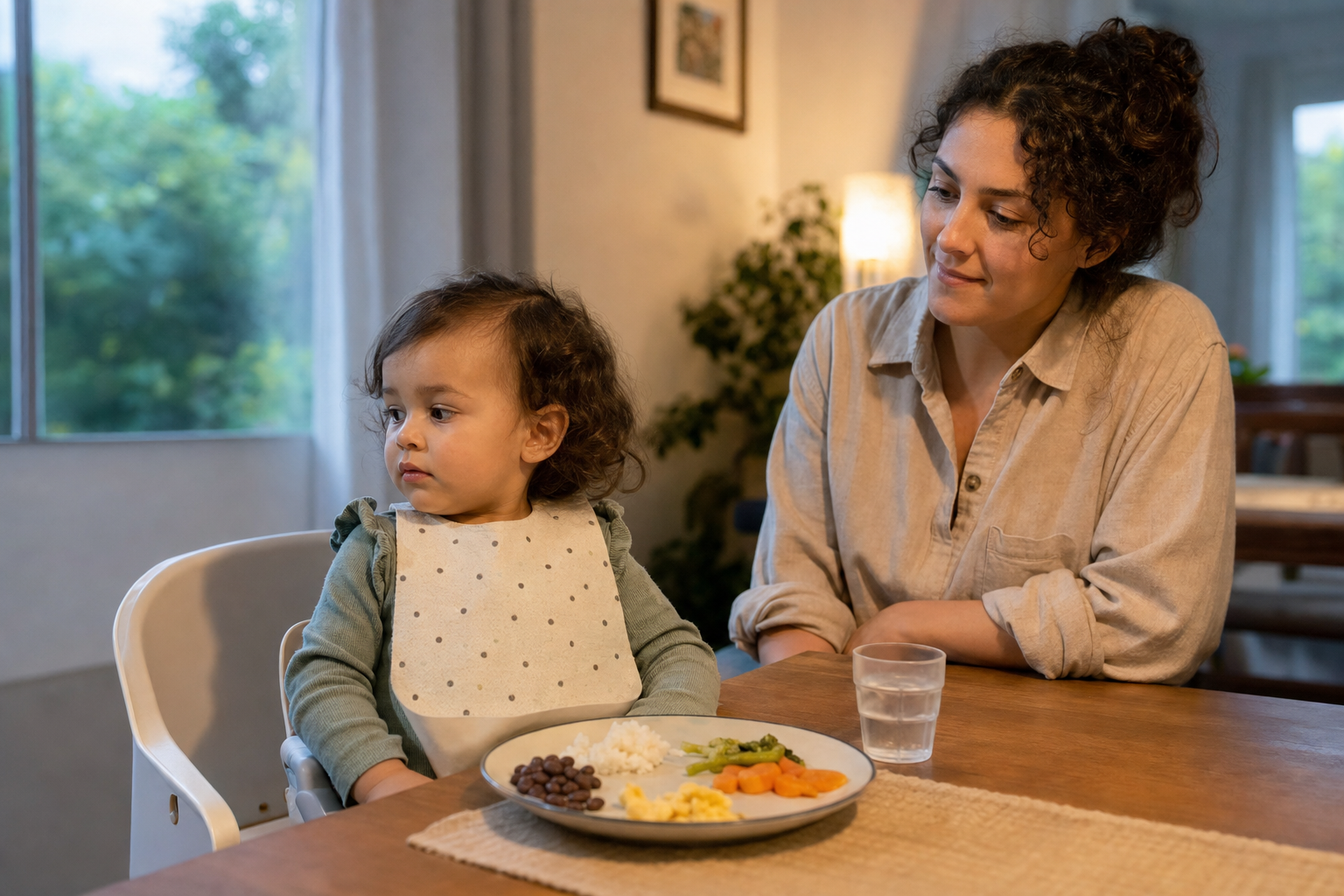 A toddler looks away from a partly eaten plate of egg, beans, rice, and vegetables while a caregiver sits calmly nearby.