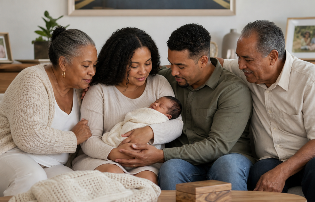 A multigenerational family with varied skin tones gathers around two parents holding a sleeping newborn in a softly lit home.