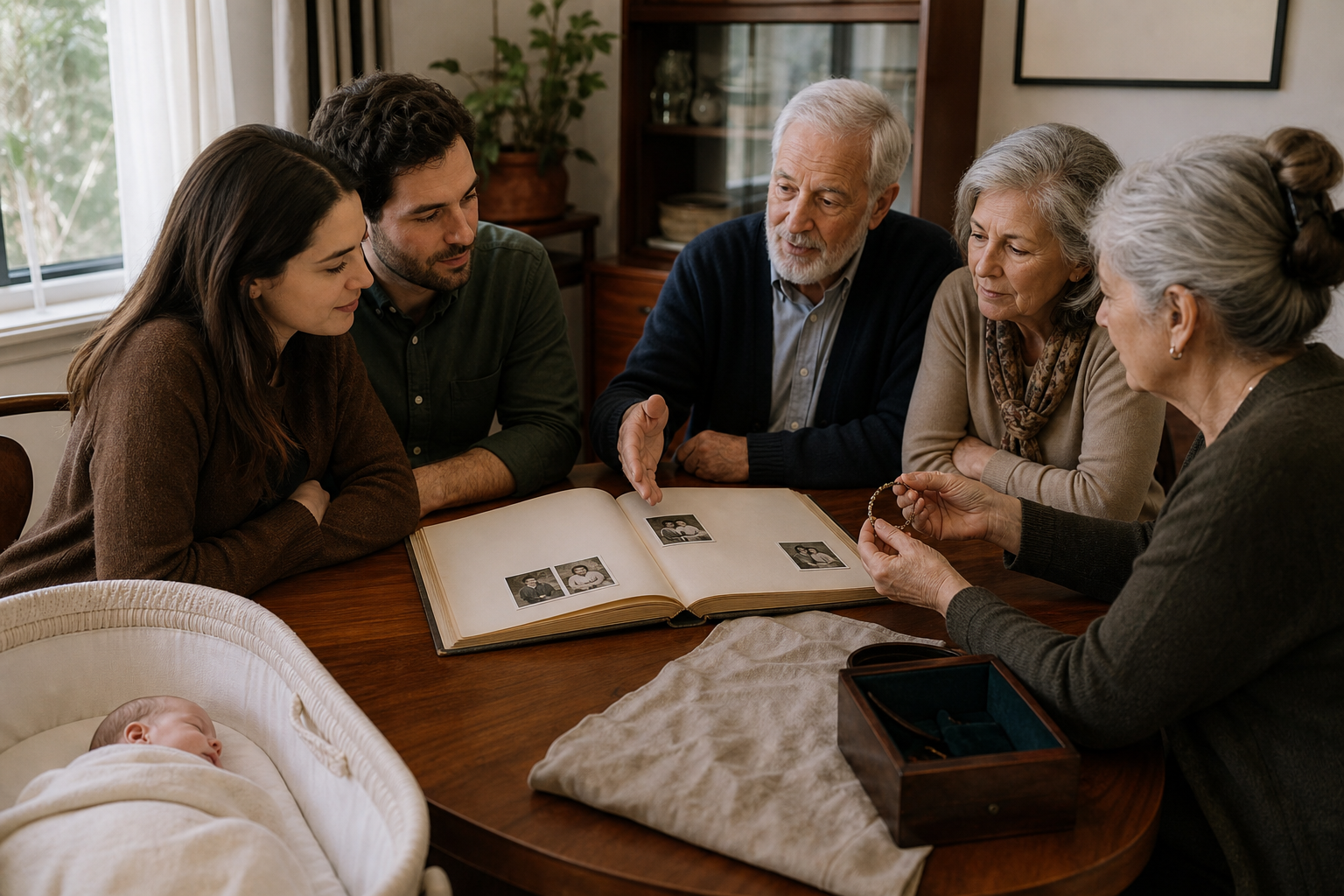 Parents and older relatives discuss family memories around a table while a baby rests in a nearby bassinet.