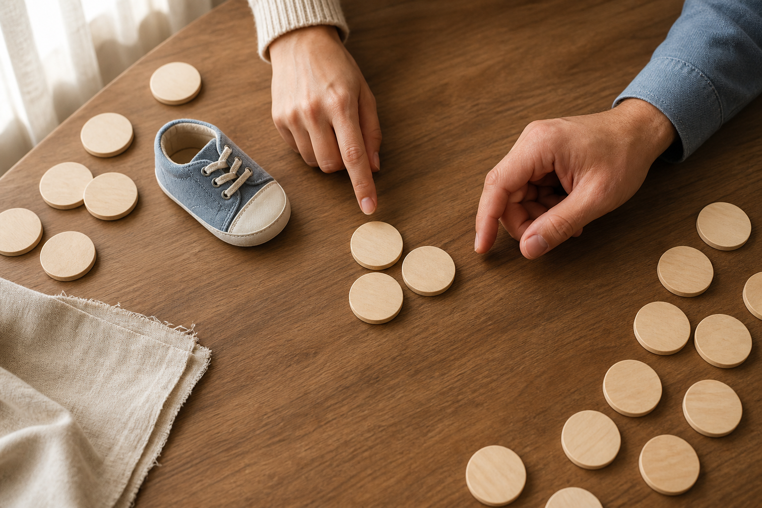 Two adults' hands consider three blank wooden tokens selected from a larger group beside a small baby shoe.