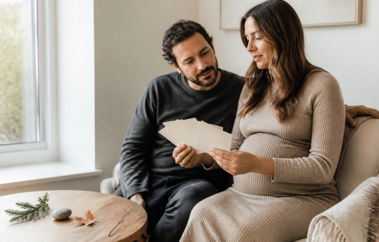 Two expectant parents sit by a window with blank cards and small natural objects representing the four seasons.