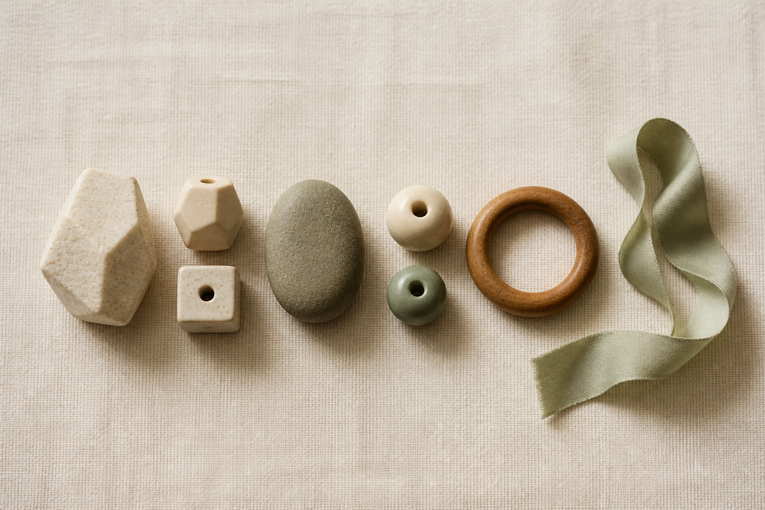 River stones, ceramic beads, a wooden ring, and ribbon form a progression from angular to rounded shapes on pale linen.
