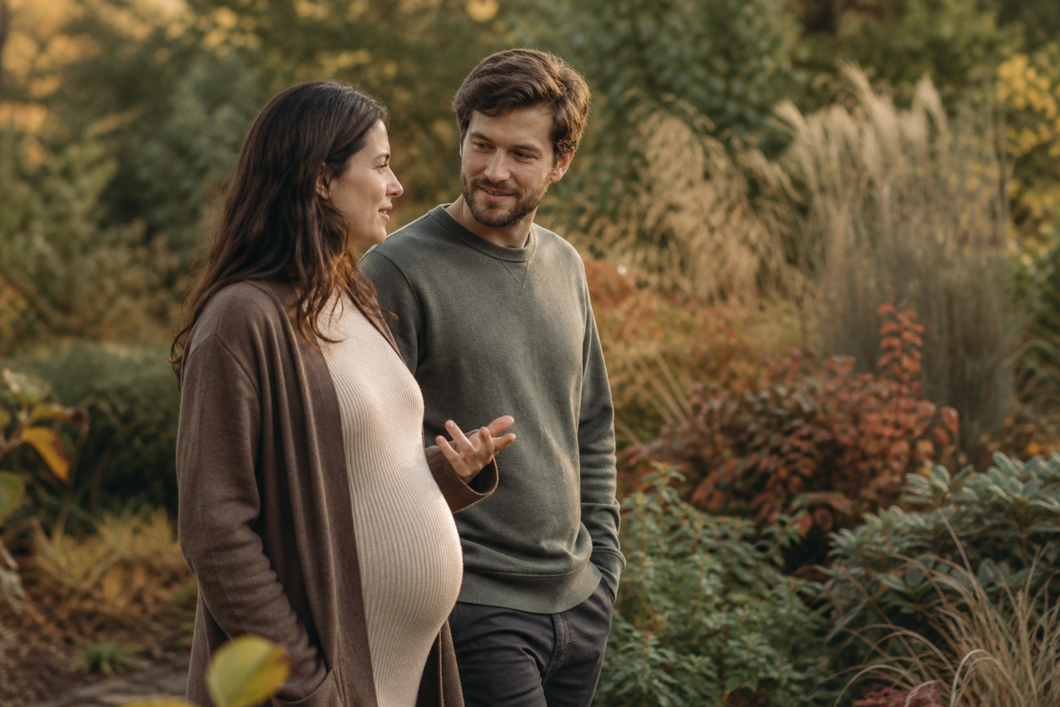 An expectant couple talks while walking through a garden with green foliage, amber grasses, and a few autumn leaves.