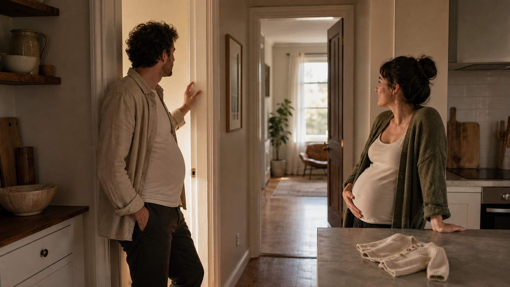 One expectant parent calls from a doorway while the other listens at a kitchen counter beside a small baby cardigan.