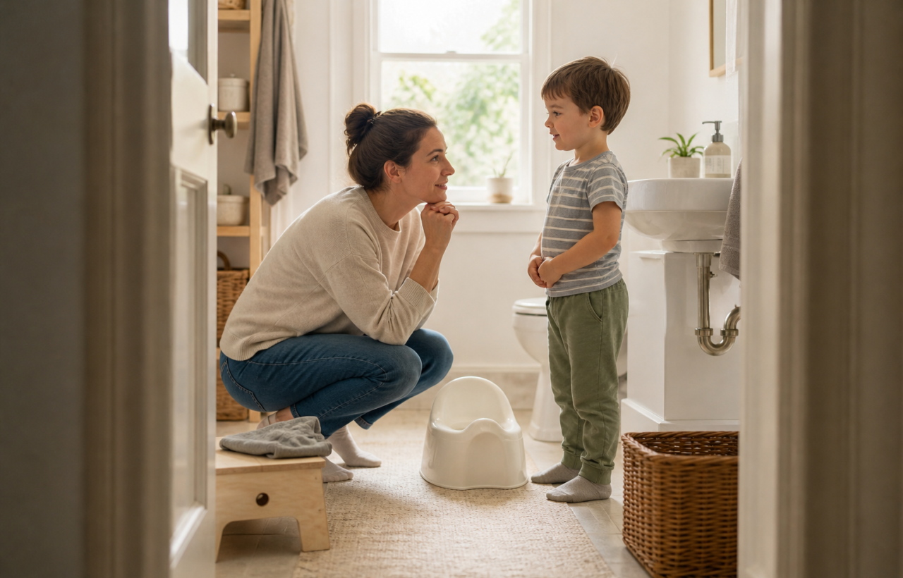 A caregiver crouches beside a fully clothed toddler near a child-sized potty in a bright home bathroom.