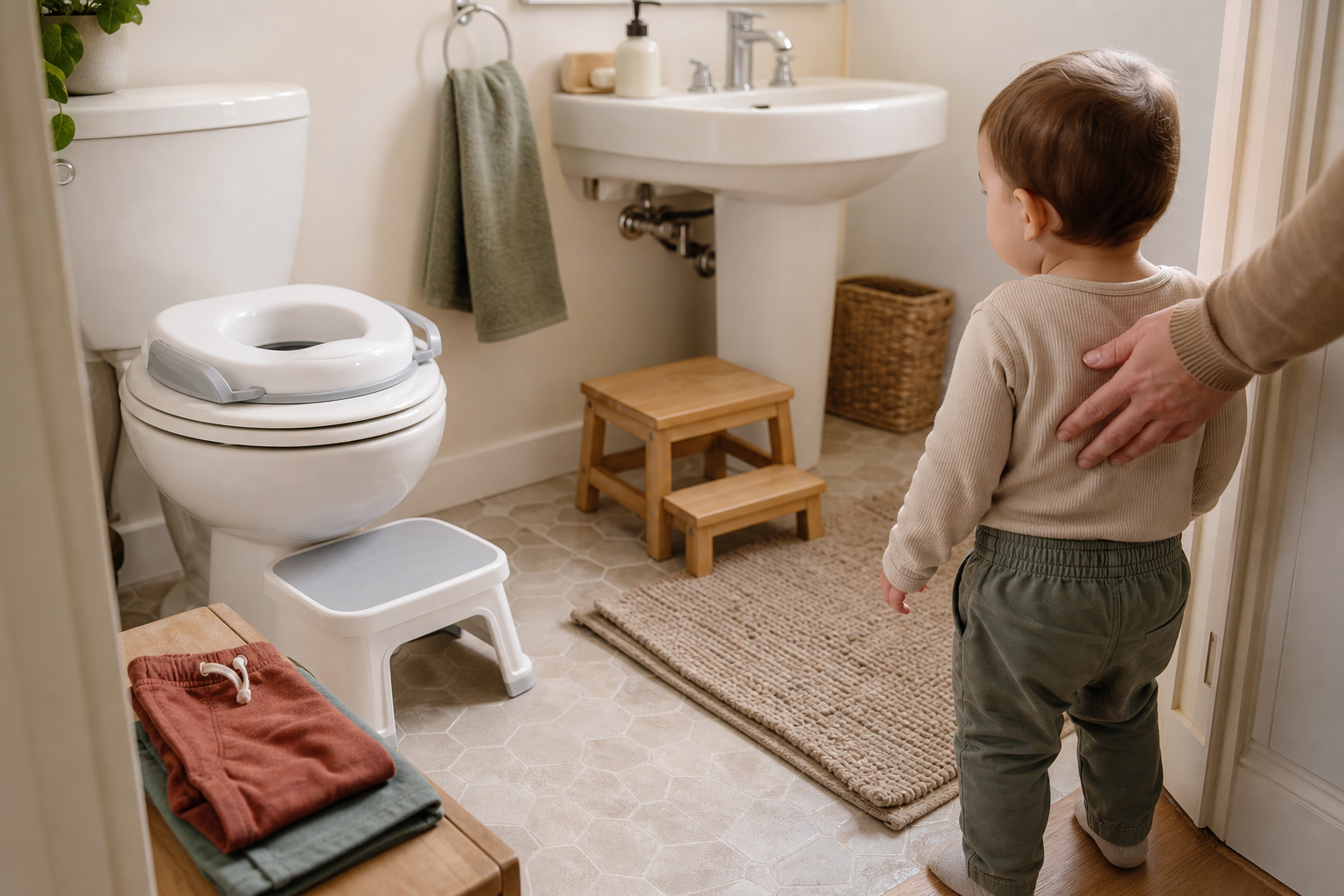 A toddler-friendly bathroom has a toilet-seat reducer, stable step stools, reachable soap and towel, and easy-pull clothing.