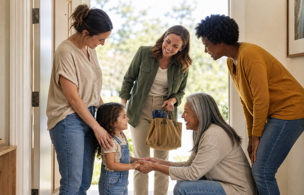 A parent and preschool-age child greet three trusted adults at the entrance of a family home.