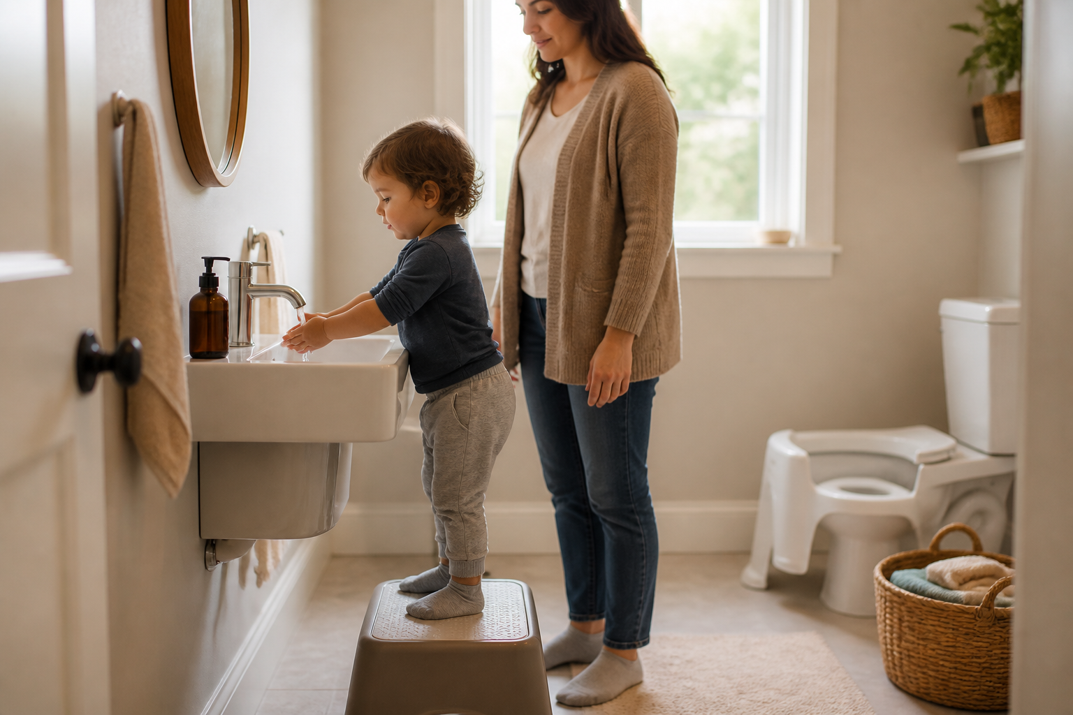 A toddler washes their hands at a sink while a caregiver stands nearby and a child-sized potty sits in the background.
