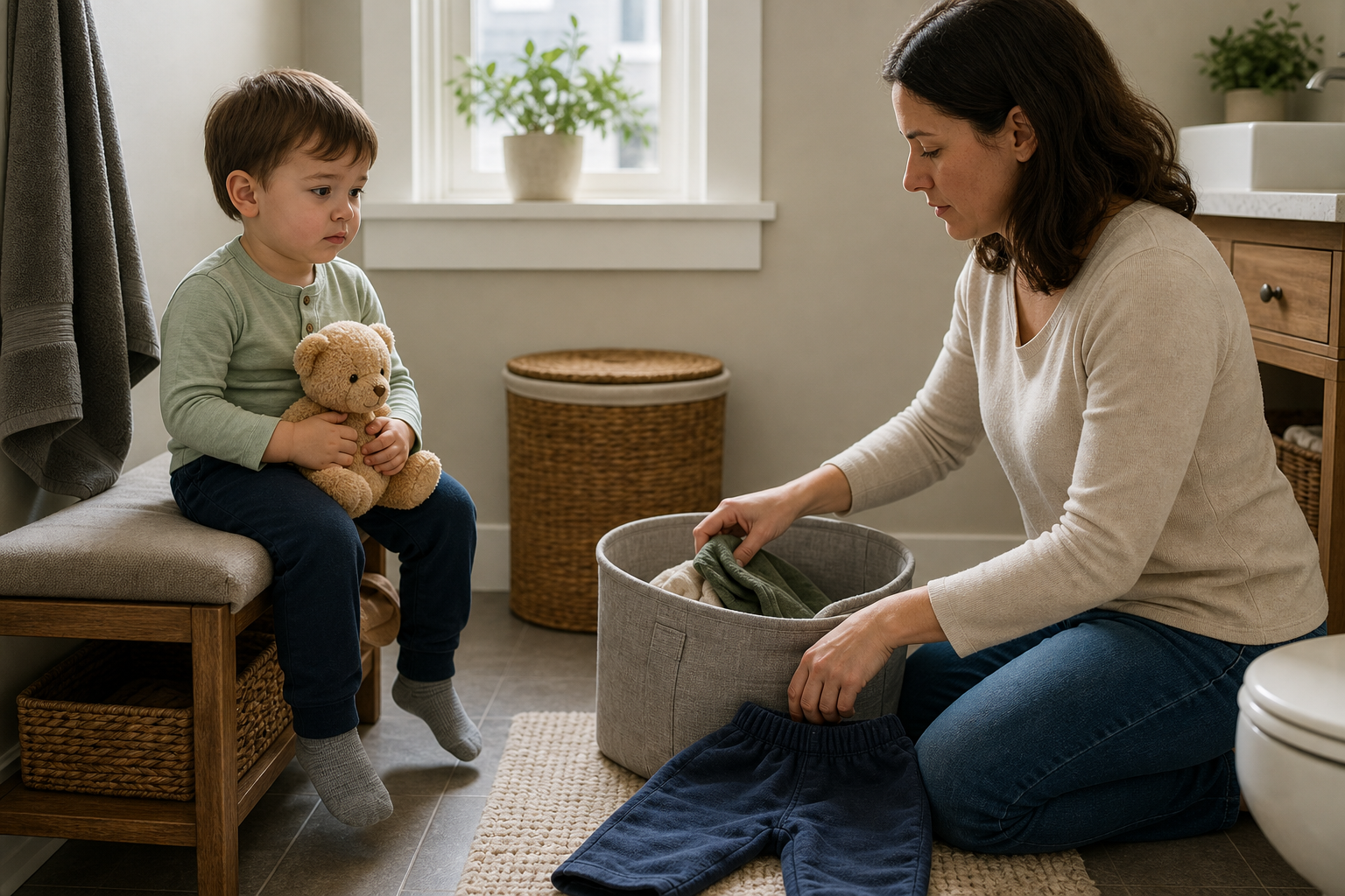 A caregiver calmly puts clothing into a laundry container while a fully clothed toddler waits nearby with clean pants ready.