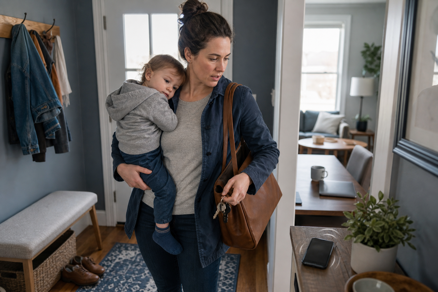 A parent holds a toddler while managing keys, a work bag, a phone, and a laptop at home.