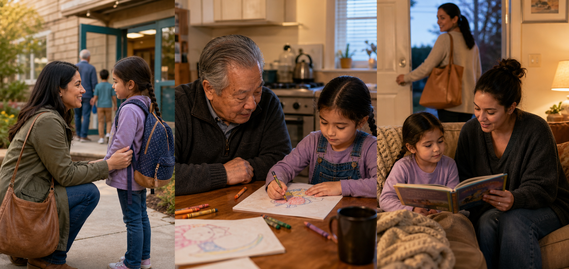 Three scenes show a family friend, a neighbor, and a sitter helping the same child in different care situations.