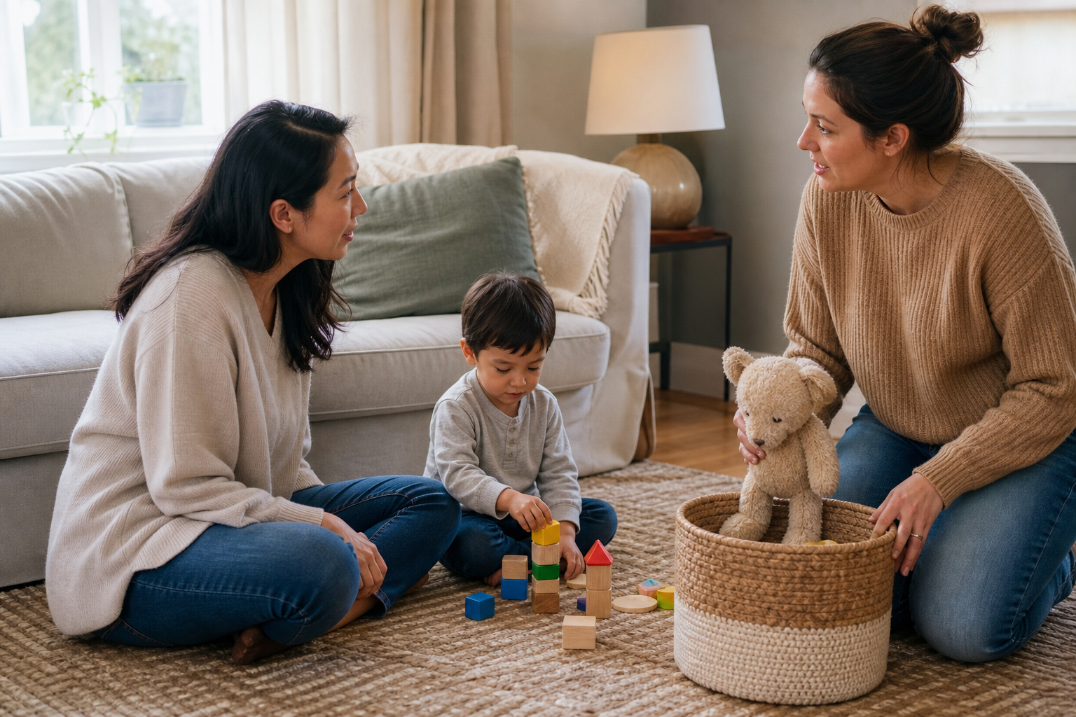 A parent shows a caregiver a young child's play and comfort routine during a supervised visit.