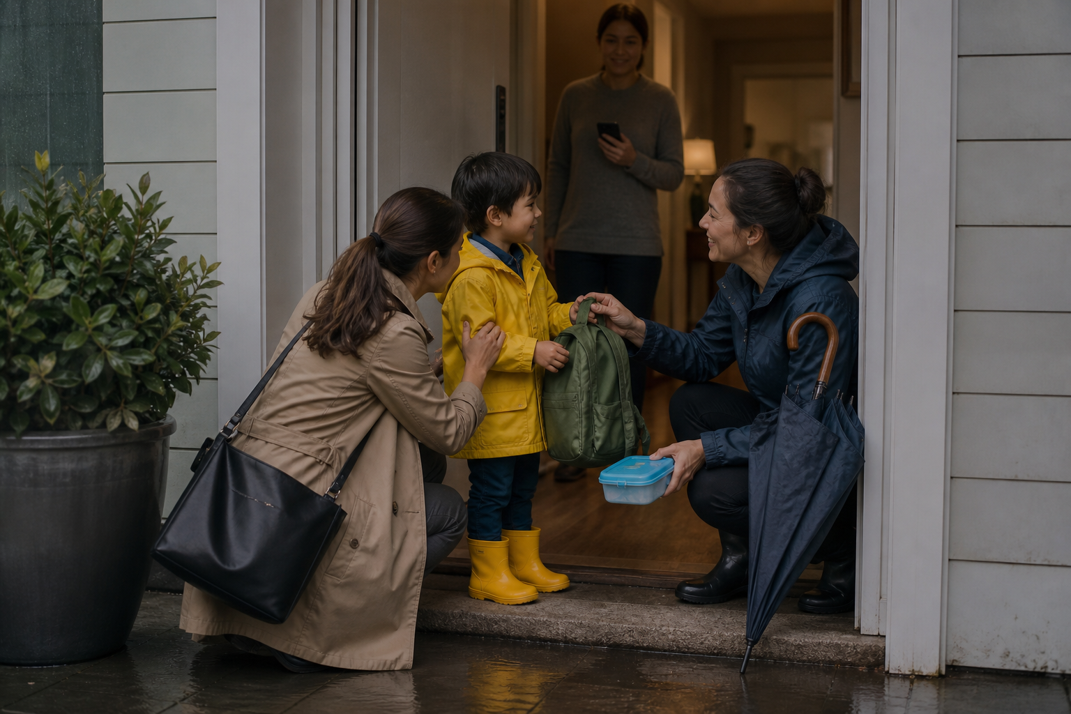 A backup caregiver arrives on a rainy morning as a parent calmly hands over a child's backpack at the doorway.