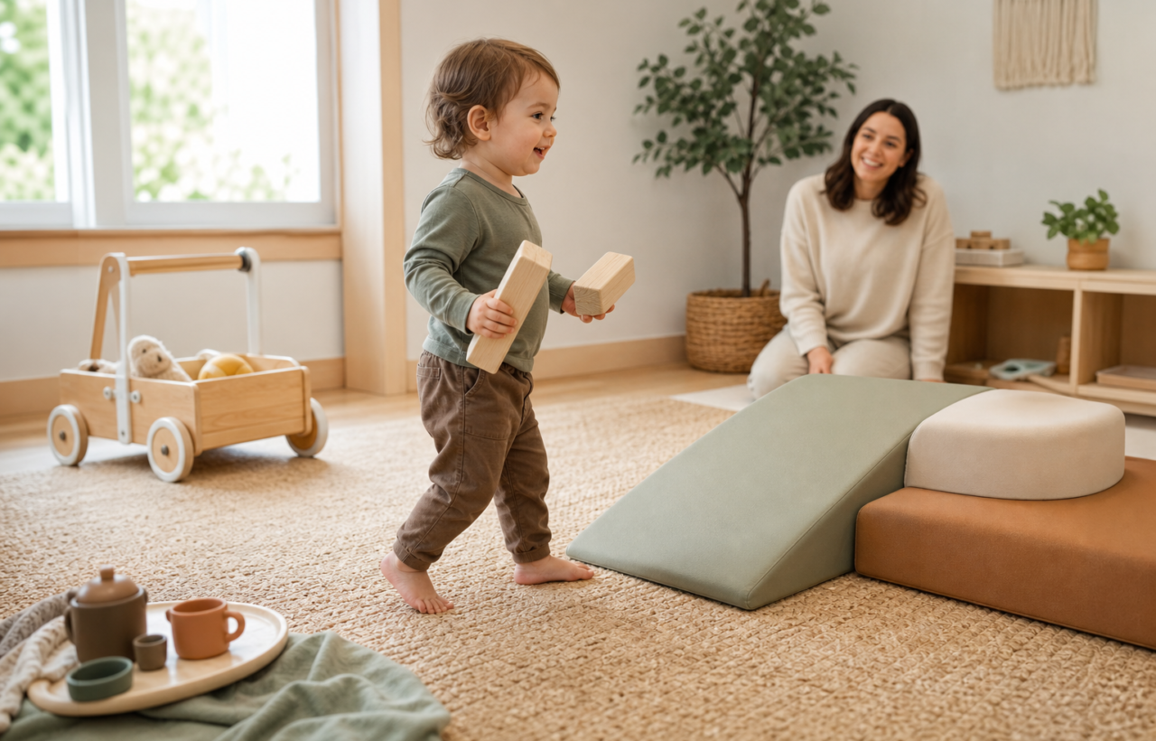 An active toddler carries large blocks through a home play area with a foam ramp and sturdy push wagon while a caregiver watches nearby.