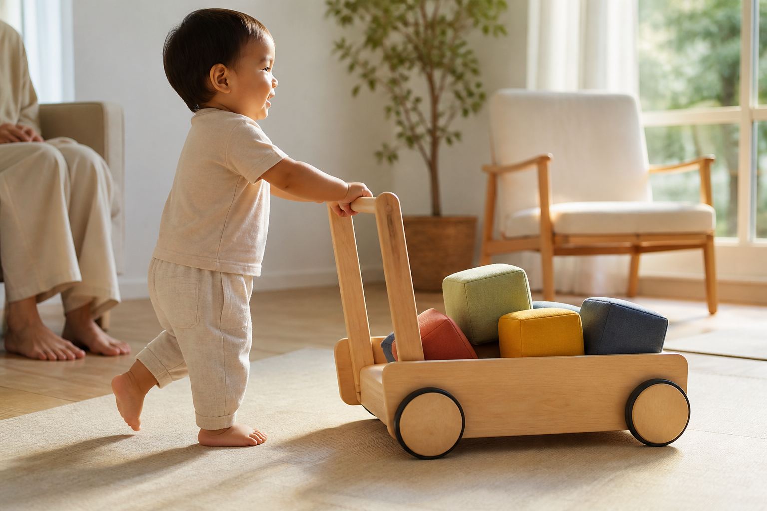 A toddler pushes a stable wooden wagon filled with large soft blocks along a clear path in a living room.