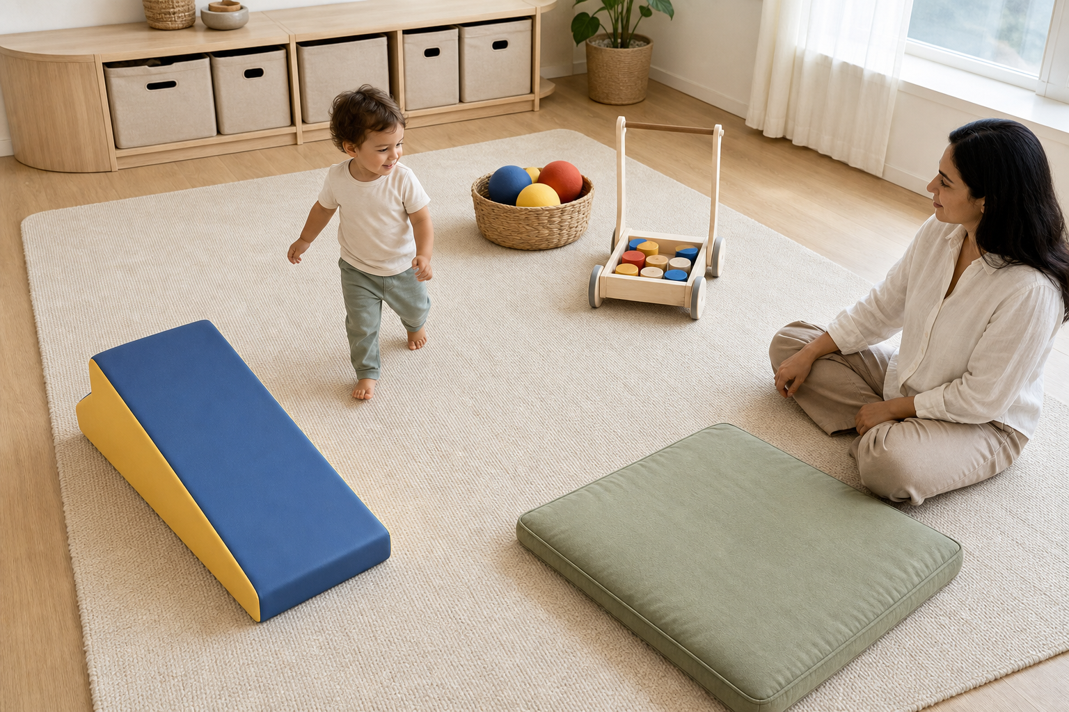 A toddler explores a low foam ramp, floor cushion, balls, and push toy arranged in a clear, uncluttered home play zone.