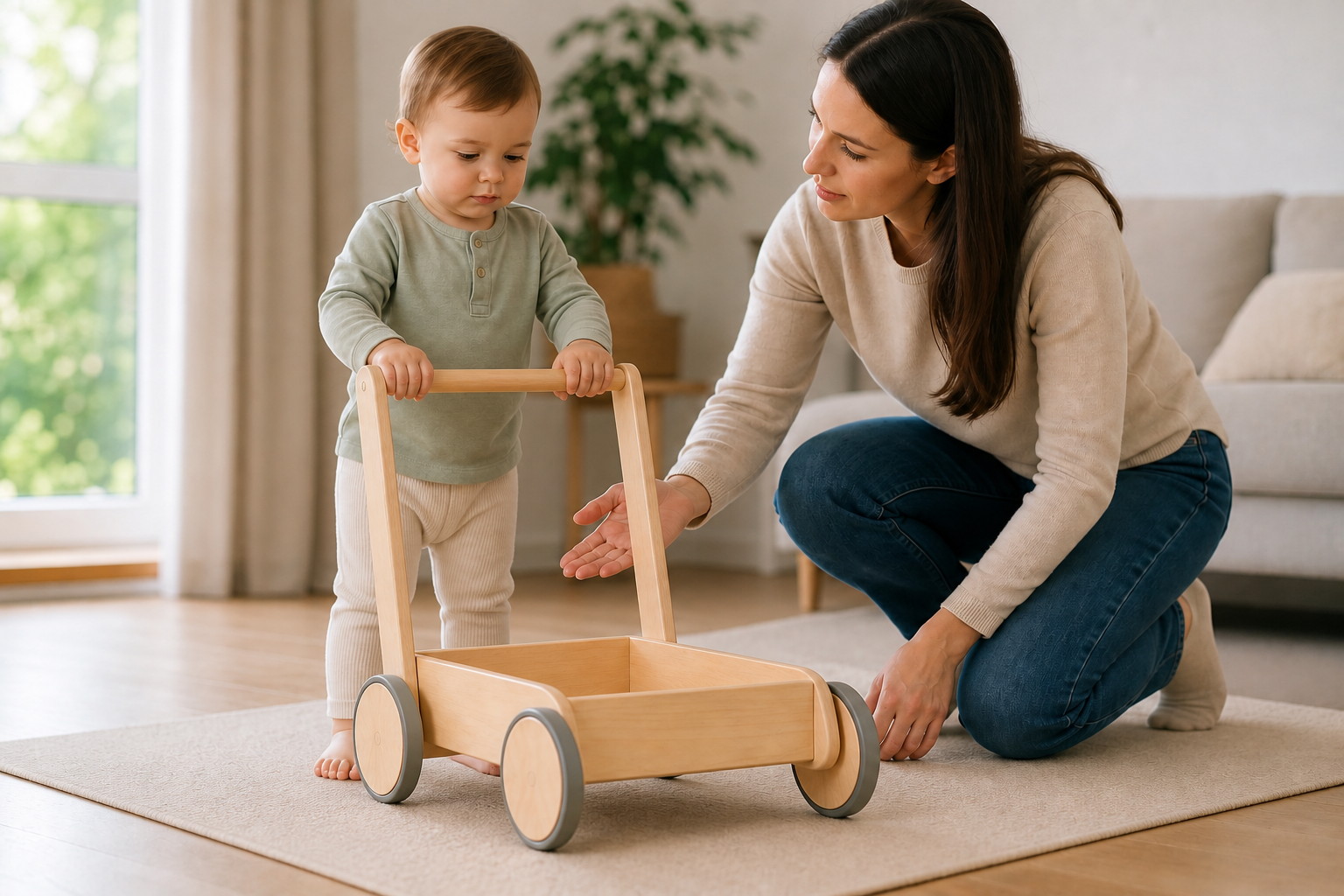 A caregiver kneels beside a toddler to check the height and stability of a child-sized push wagon.