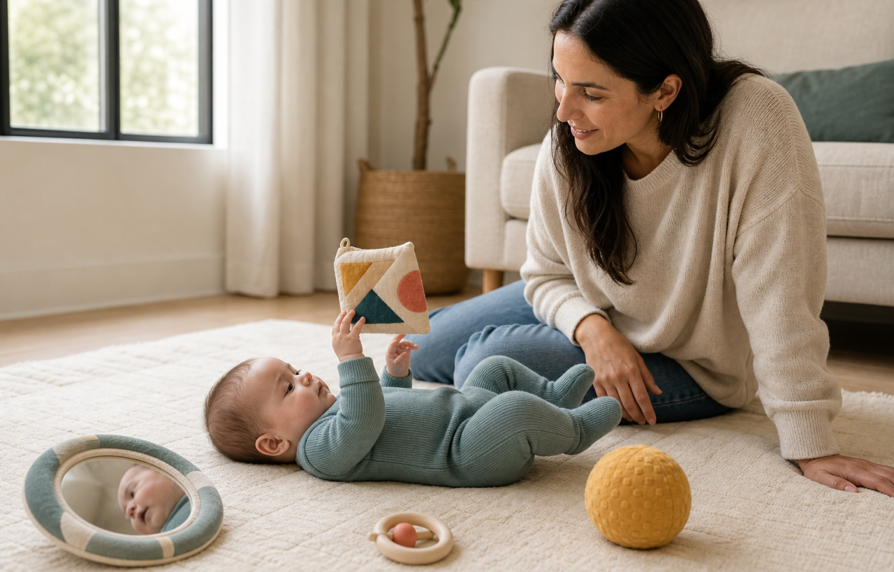 A five-month-old baby reaches for a soft crinkle toy on a play mat while a parent sits nearby with a rattle, textured ball and padded mirror.