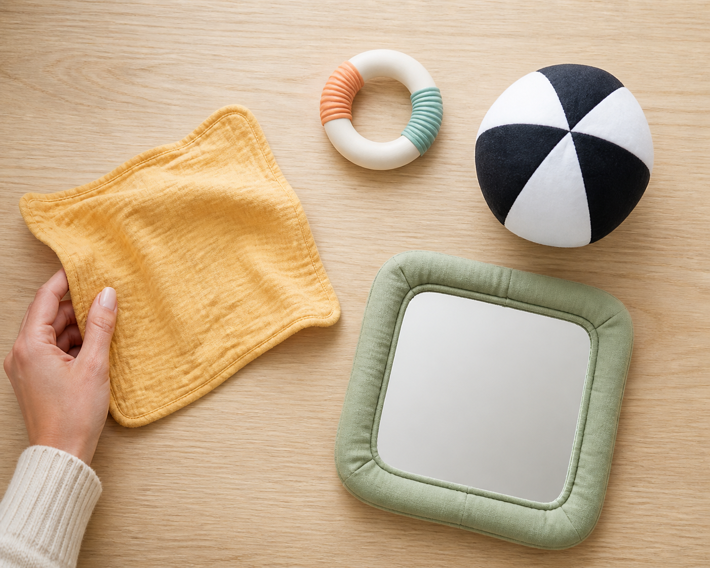 Four baby-safe sensory toys are arranged on a pale wood surface: a crinkle cloth, ring rattle, fabric ball and padded floor mirror.