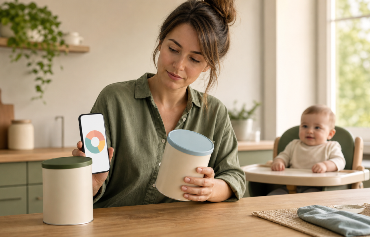 A parent compares two unbranded infant formula containers beside a smartphone while a baby sits nearby.