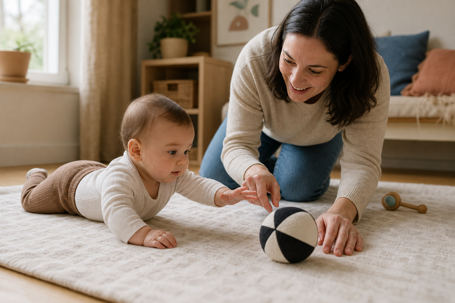 A caregiver holds a soft patterned ball within reach as a five-month-old baby practices tummy time on a floor mat.