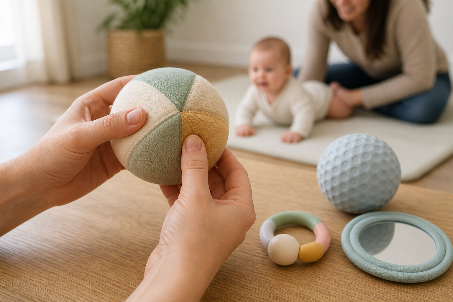 A caregiver checks the seams of a fabric sensory toy while a ring rattle, textured ball and padded mirror sit nearby.