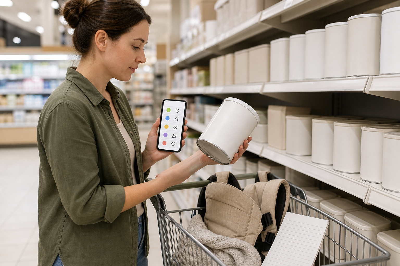A parent scans an unbranded formula container with a smartphone in a grocery-store aisle.