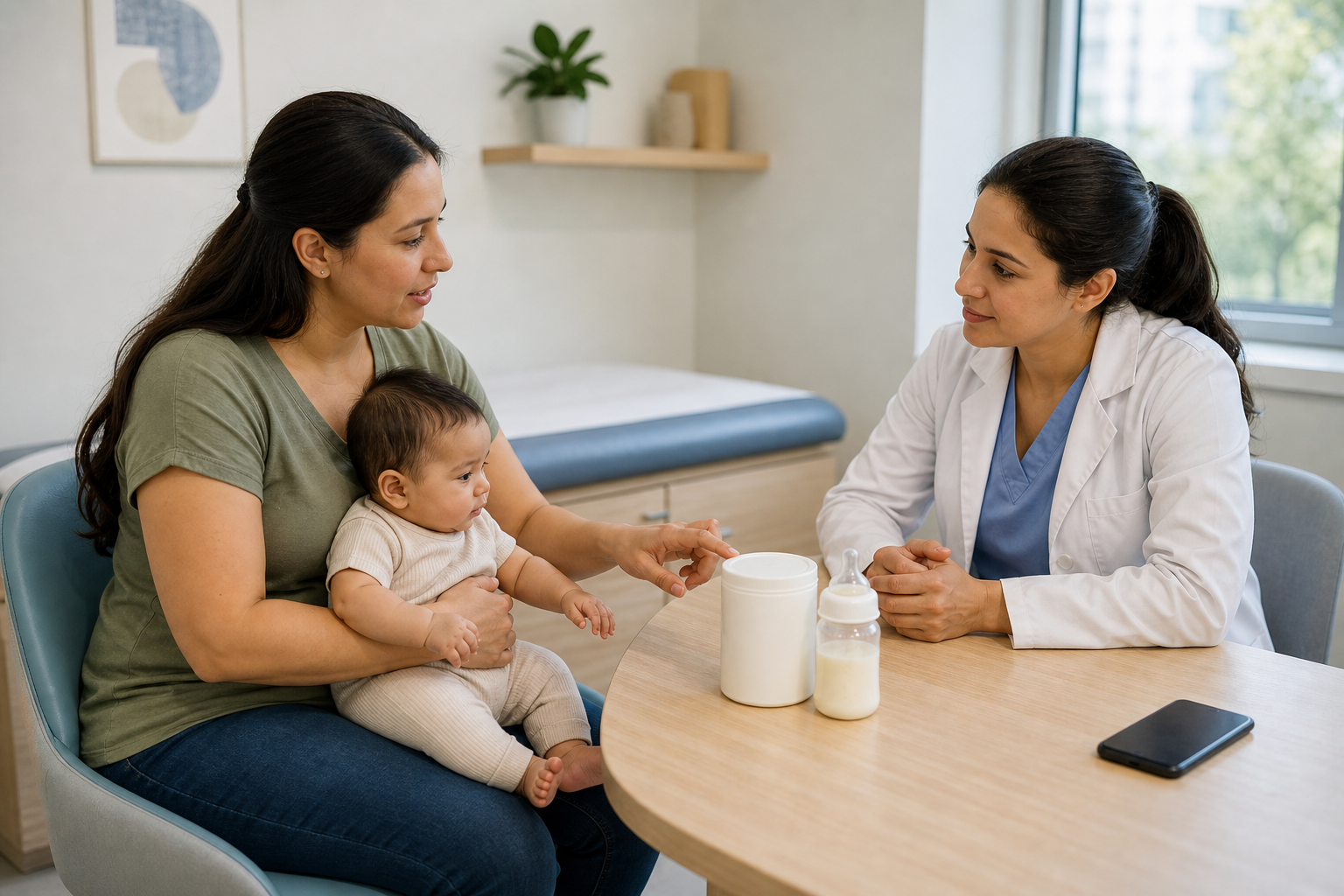 A parent holding an infant discusses an unbranded formula container and feeding bottle with a pediatric clinician.