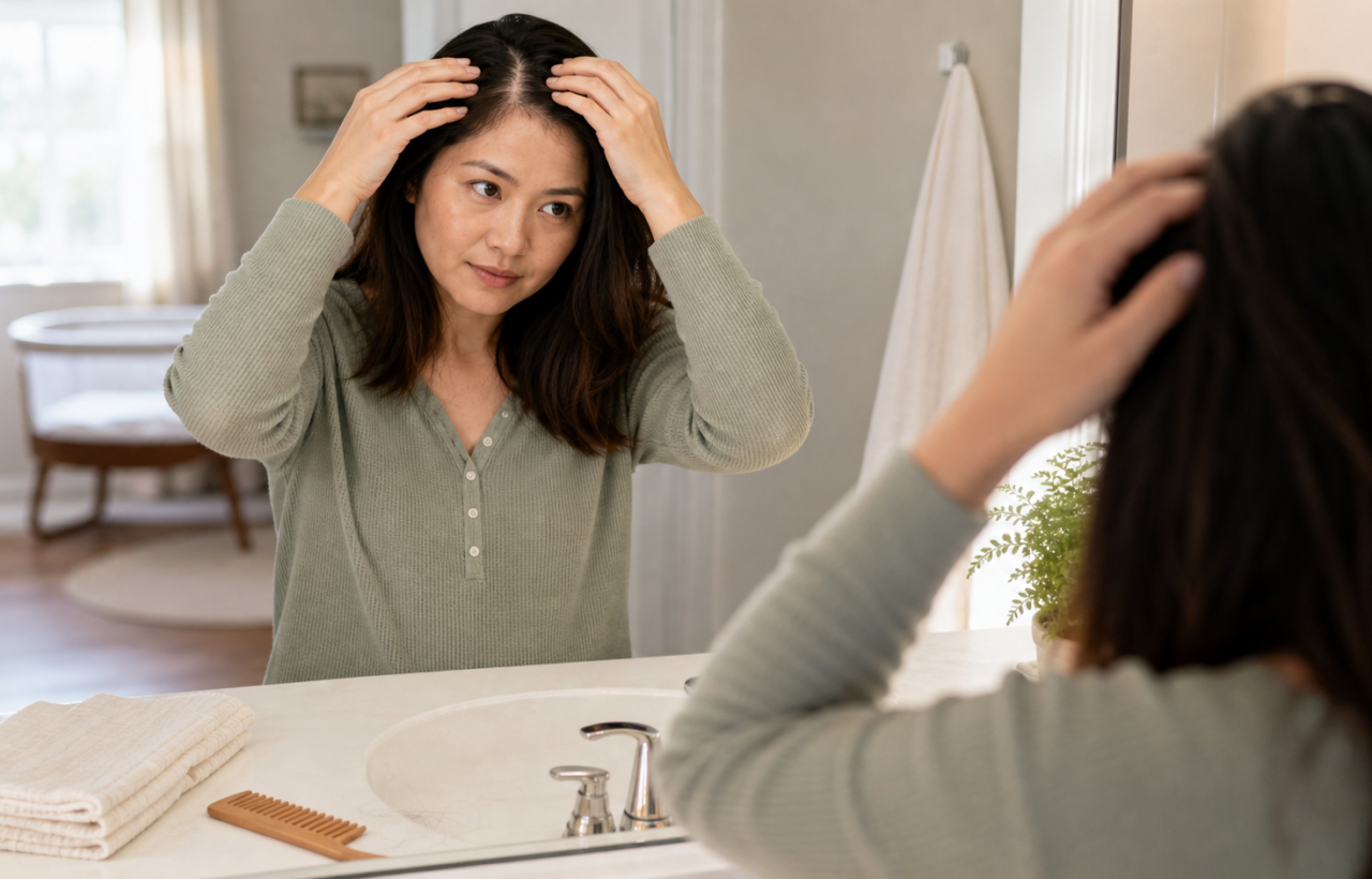 A postpartum adult gently parts the hair at the crown while looking at the scalp in a softly lit bathroom, with a wide-tooth comb on the sink.