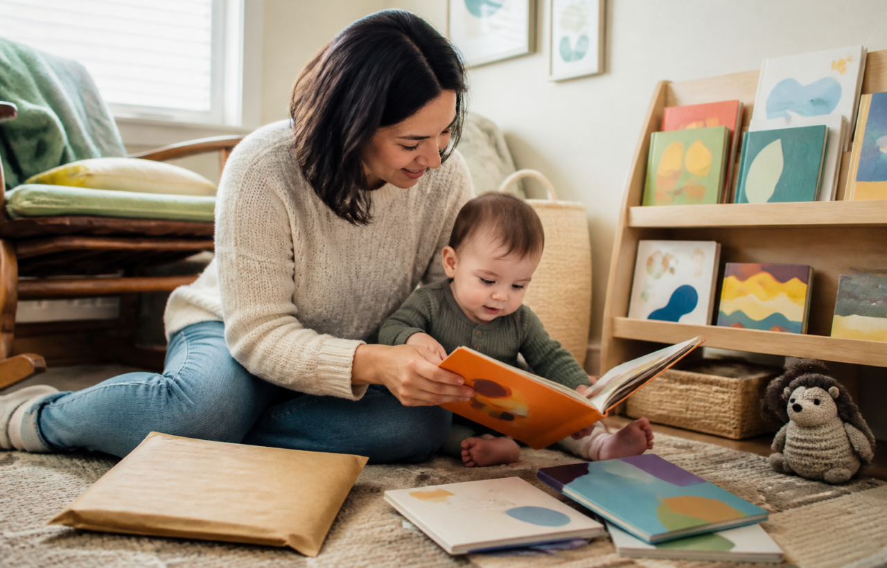 A parent and baby sit on a nursery rug opening a picture book beside a plain mailer and a small bookshelf.