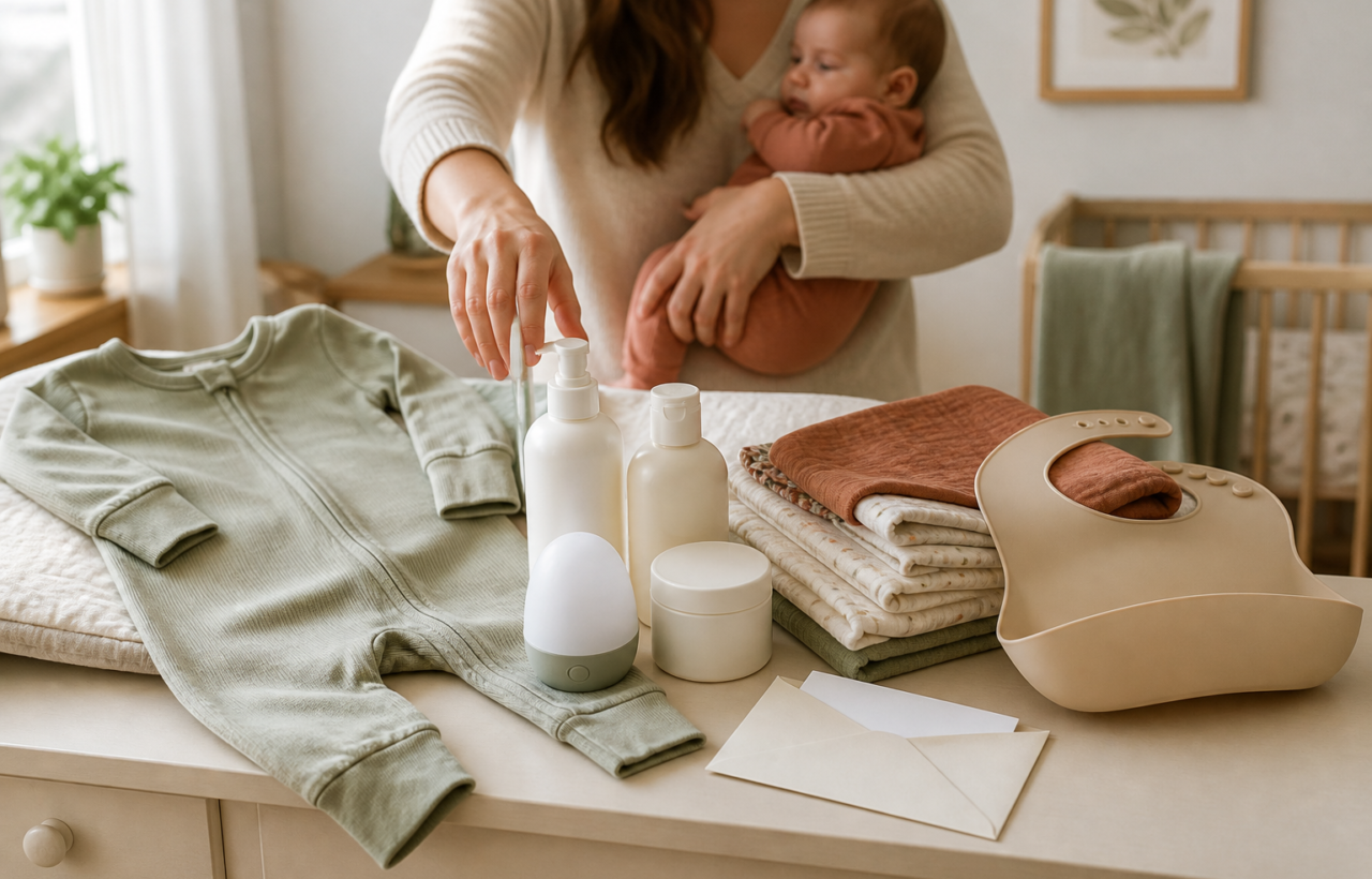 Practical baby gifts arranged on a changing table while a parent holds a baby in the background.