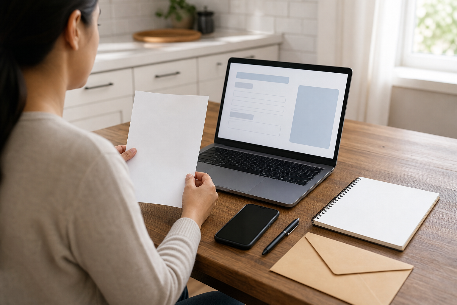 A parent uses a laptop at a kitchen table with a phone, pen, calendar, blank form, and envelope nearby.