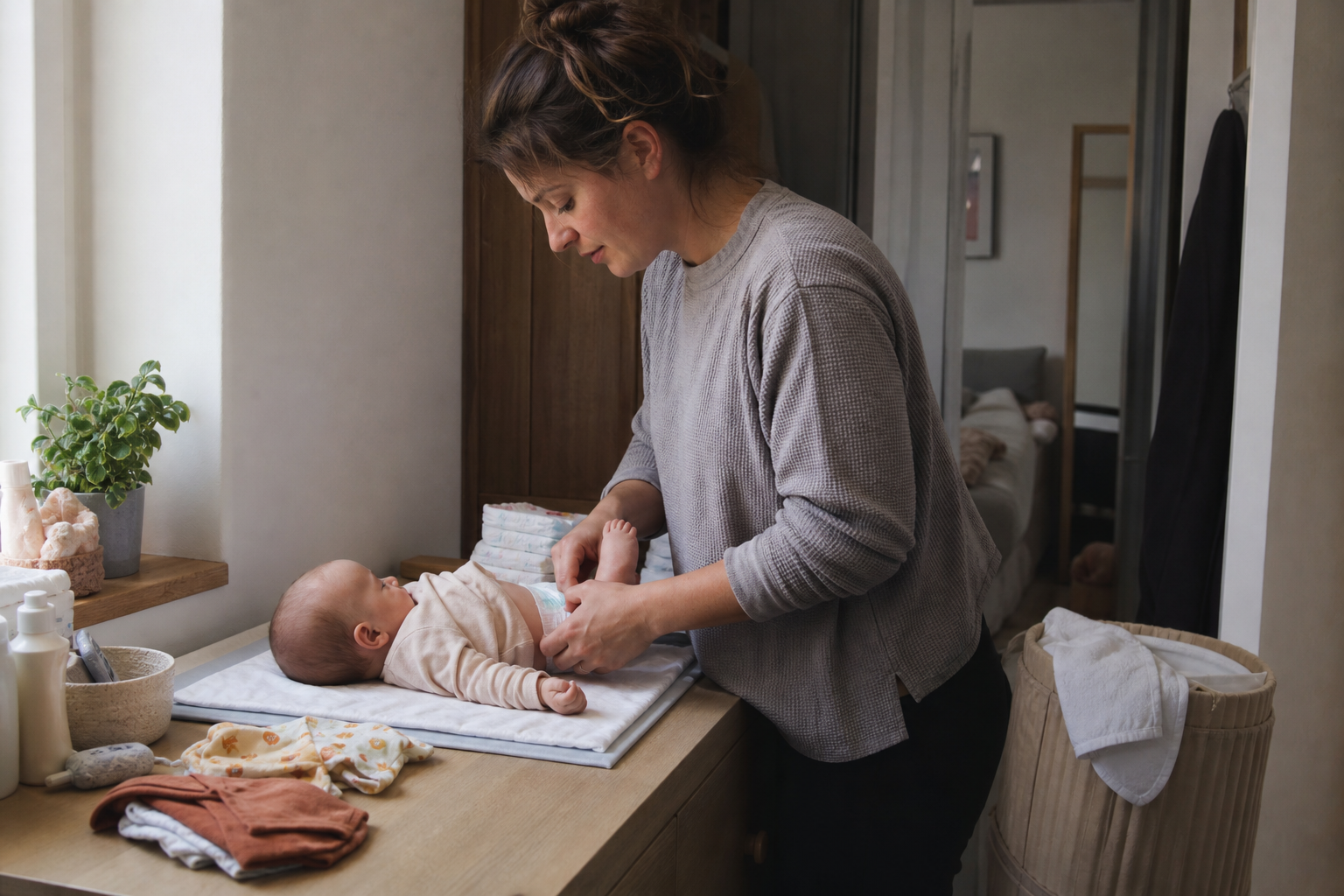 A parent changes a baby at an organized station stocked with diapers, cloths and a clean sleeper.