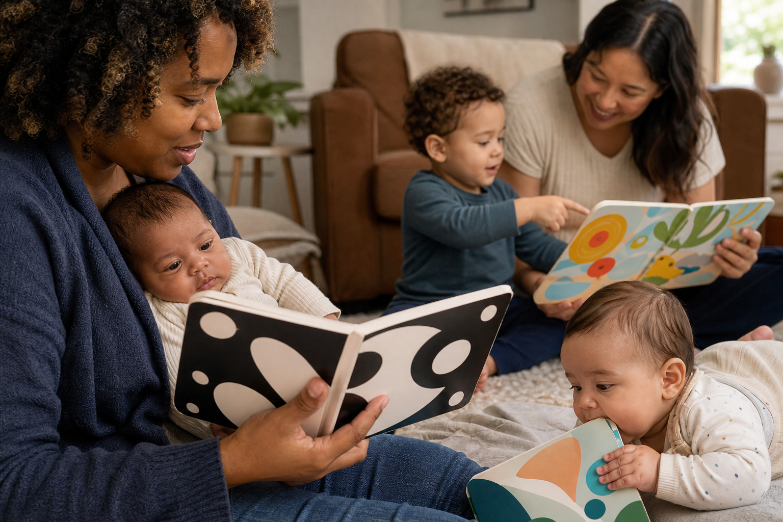 Caregivers share sturdy picture books with a newborn, an older baby, and a pointing toddler in a cozy living room.