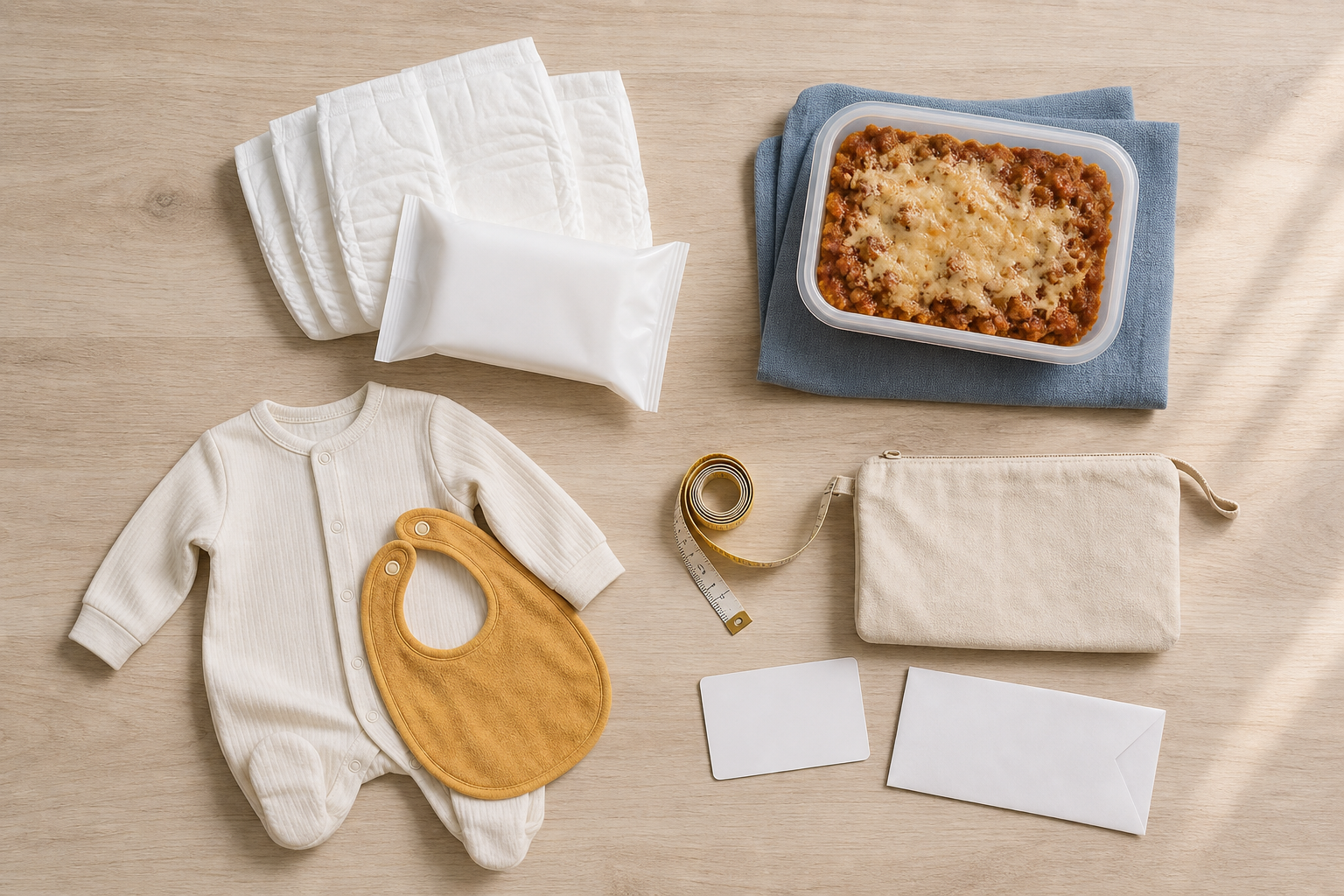 An overhead arrangement of diapers, a prepared meal, a larger baby sleeper, a bib and an unmarked gift card.