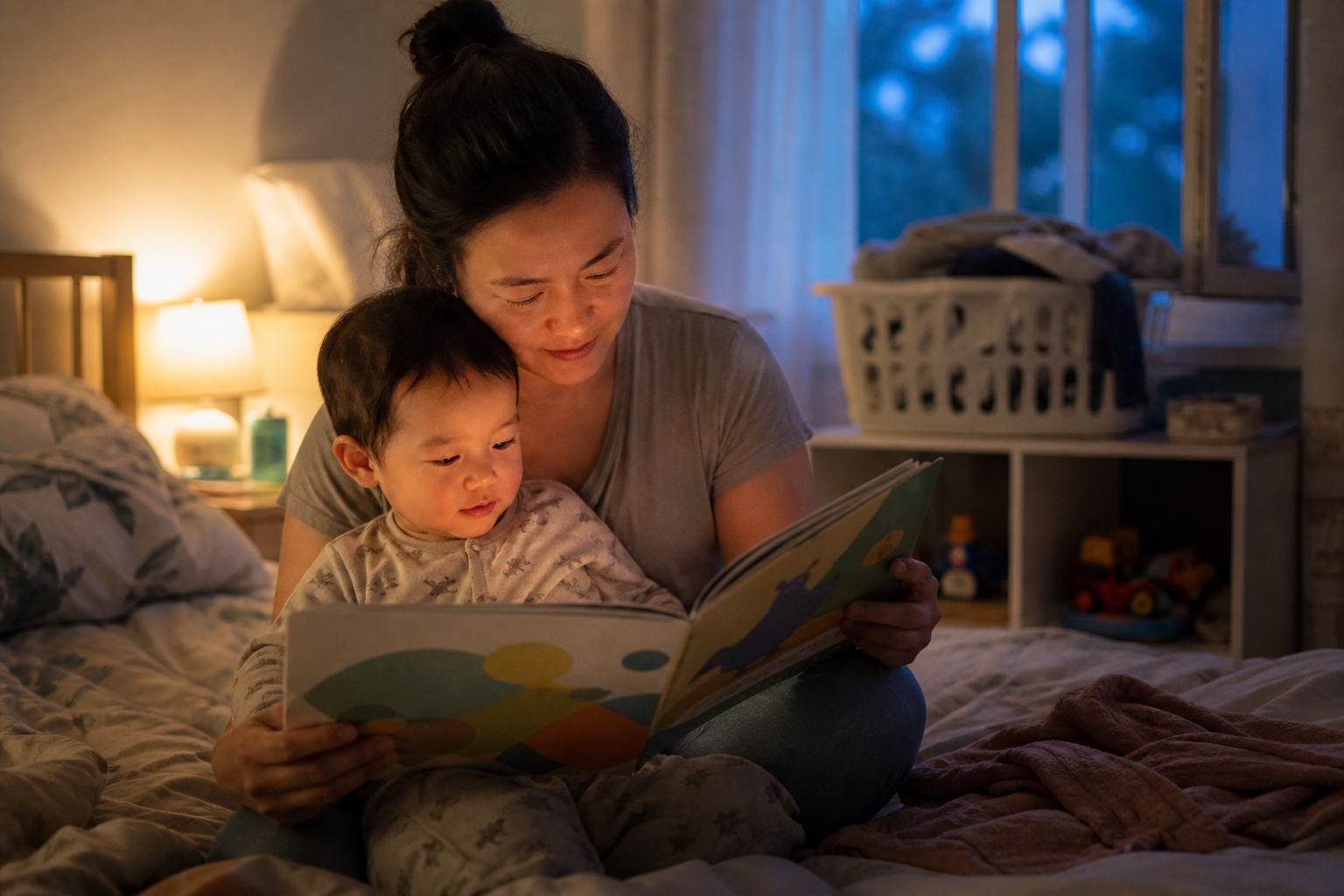 A parent reads a picture book with a pajama-clad toddler on the edge of a bed during a busy evening.