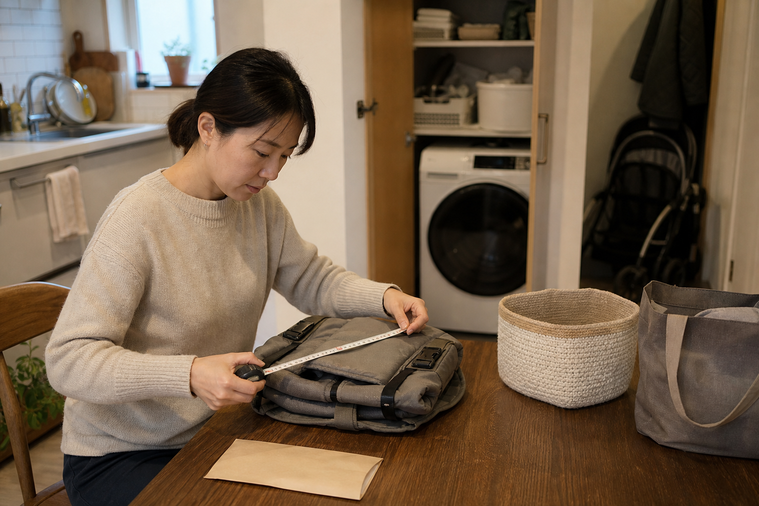 An adult measures a folded baby carrier at a kitchen table beside a storage basket and reusable gift bag.