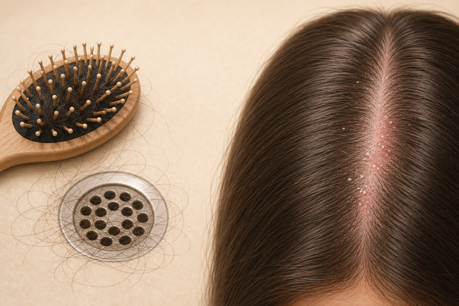 A side-by-side illustration shows loose full-length hairs in a brush and mild flaking with pink irritation along a scalp part.