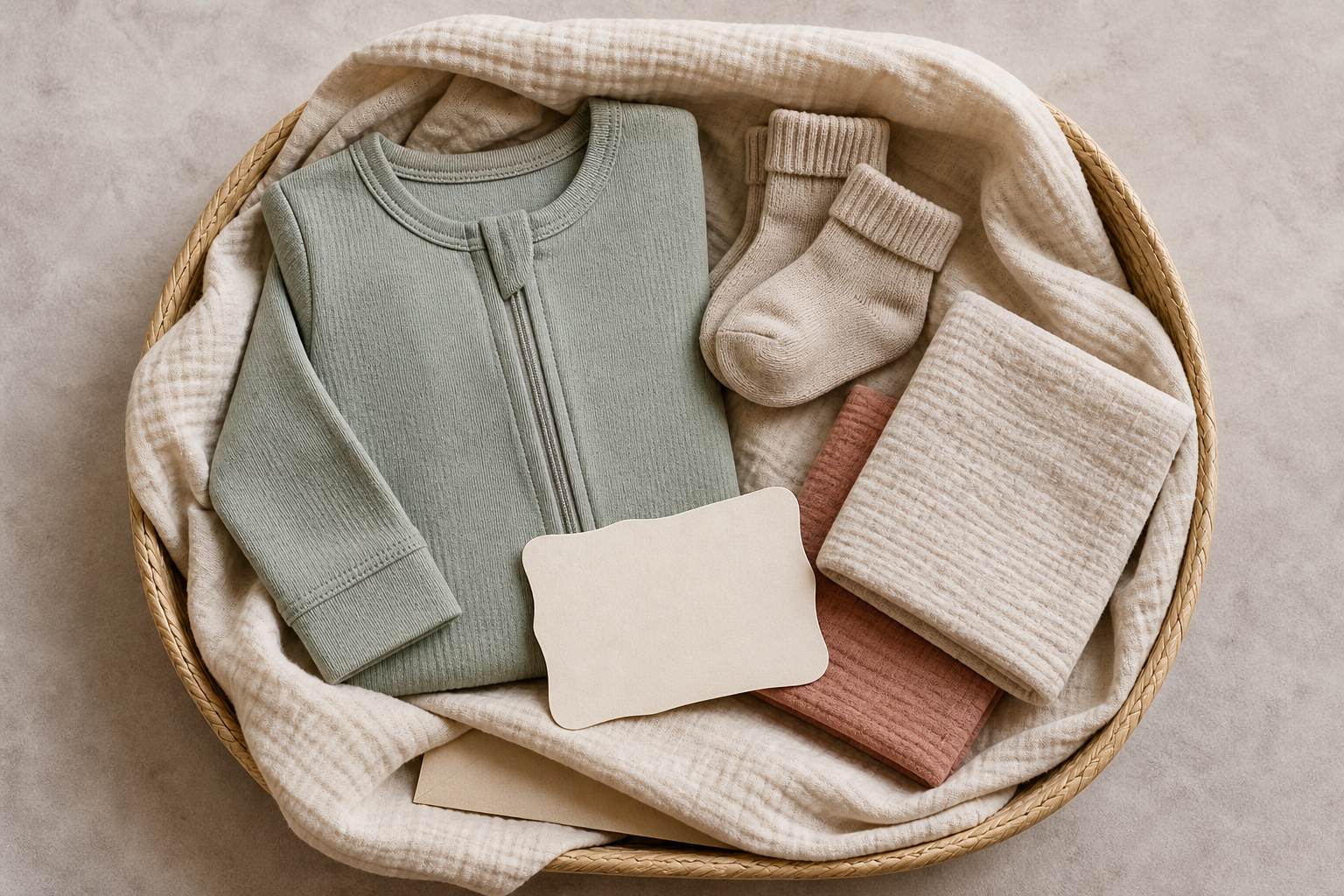 A small baby gift set with a cotton sleeper, socks and washable cloths wrapped in reusable fabric inside a basket.