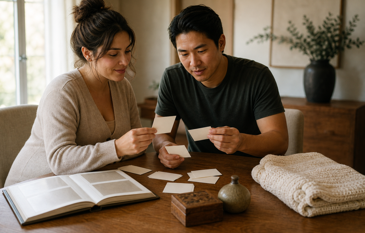An expectant couple looks at blank cards beside a family photo album, heirlooms, and a baby blanket on a sunlit table.