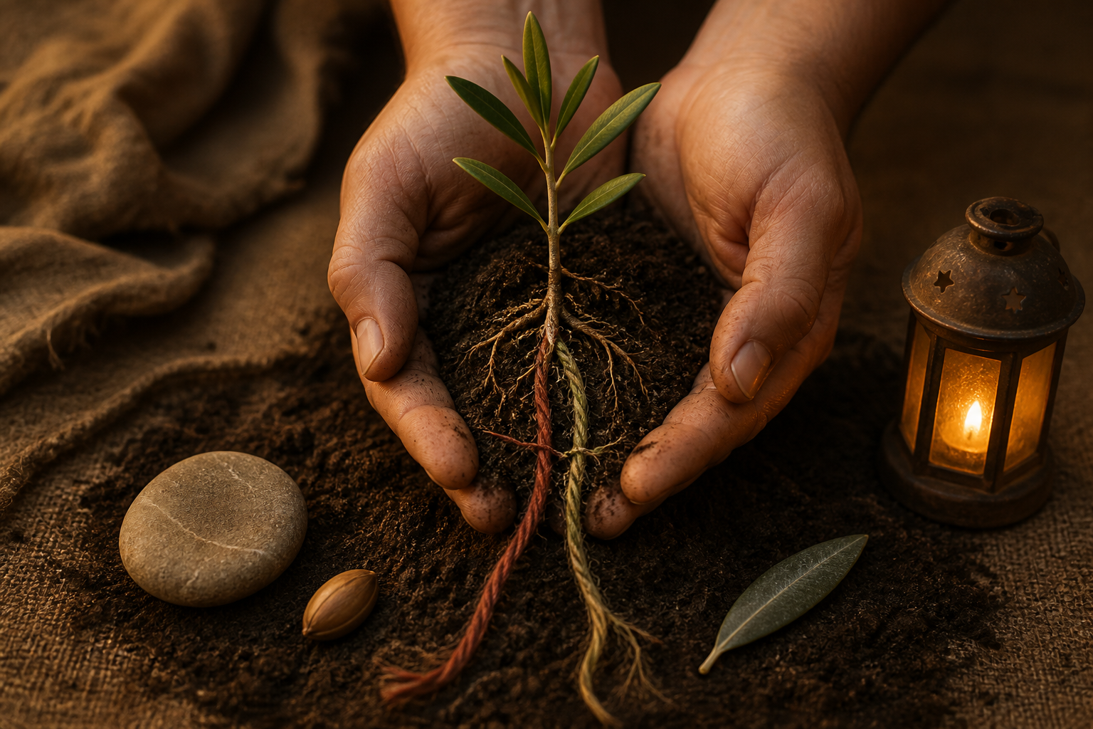 Two hands hold a young rooted sapling surrounded by thread, a seed, a leaf, a stone, and a small lantern.