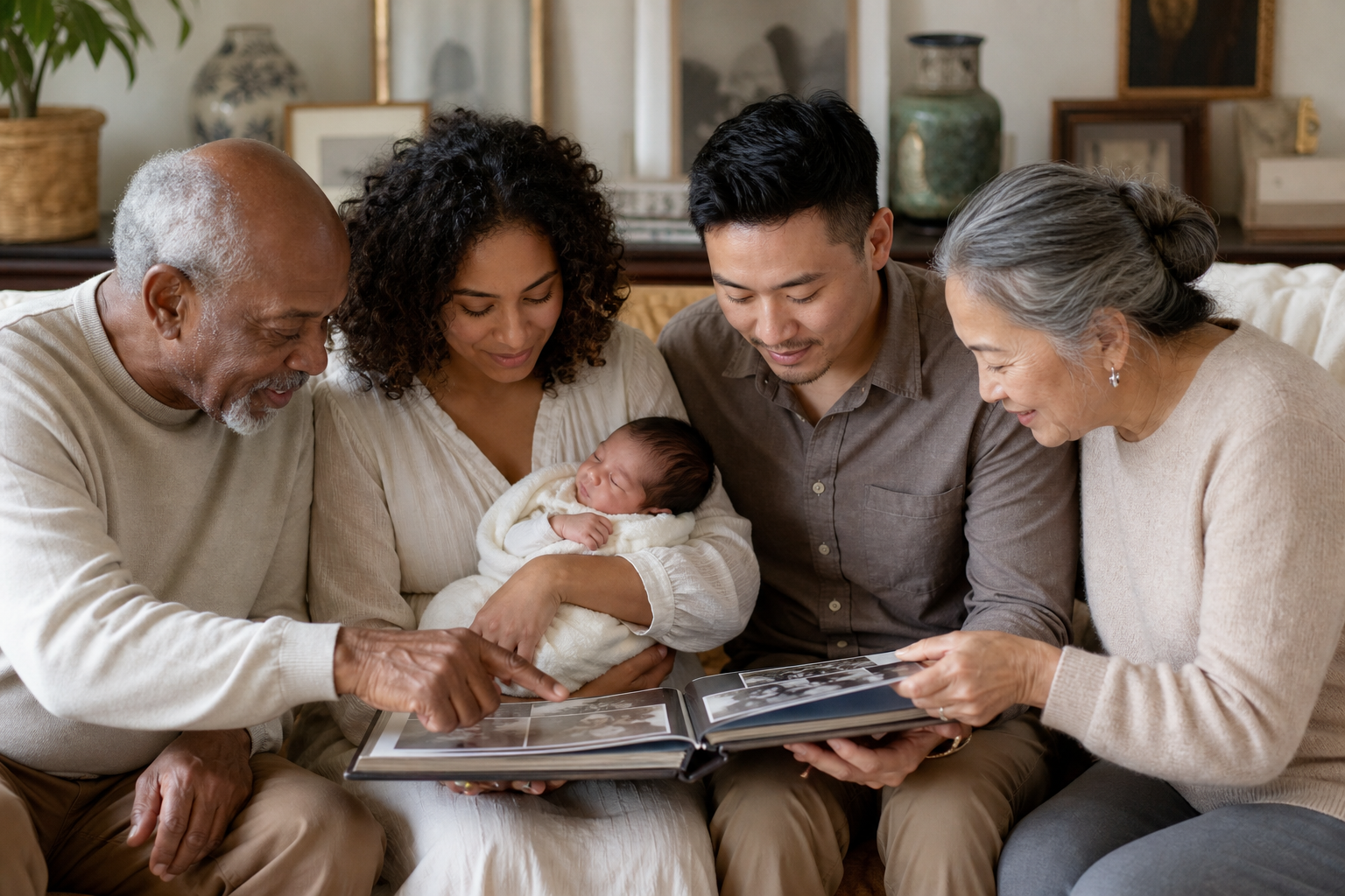 Parents, a newborn, and two older relatives gather around a family photo album in a bright living room.