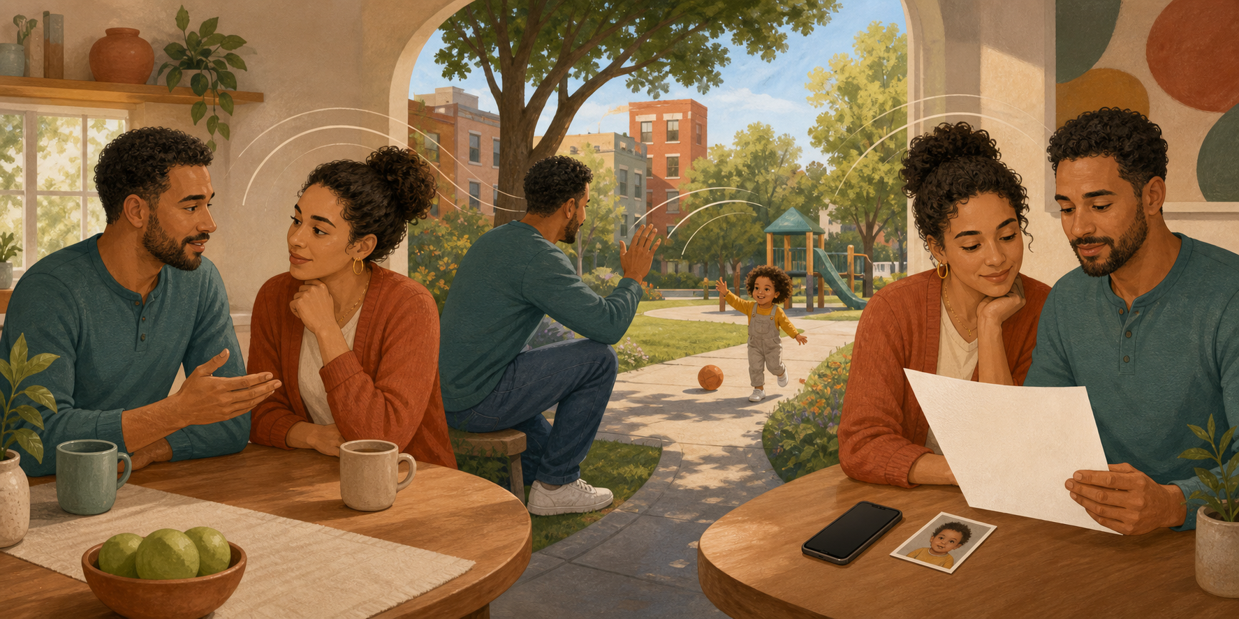 Three illustrated scenes show parents speaking together, calling to a child in a park, and reviewing a blank form beside a phone and portrait.