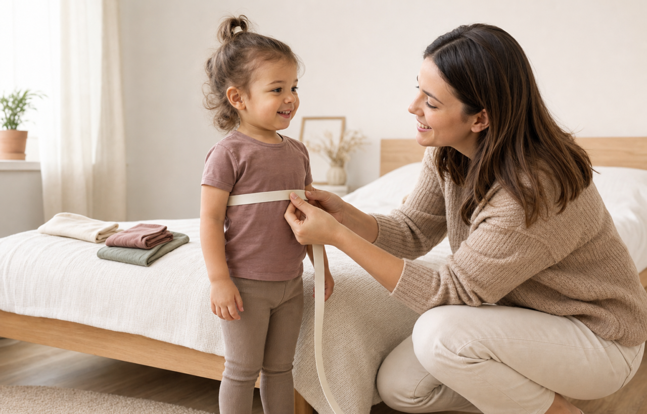 A caregiver uses a soft measuring tape around a toddler's chest in a bright bedroom with folded clothes nearby.
