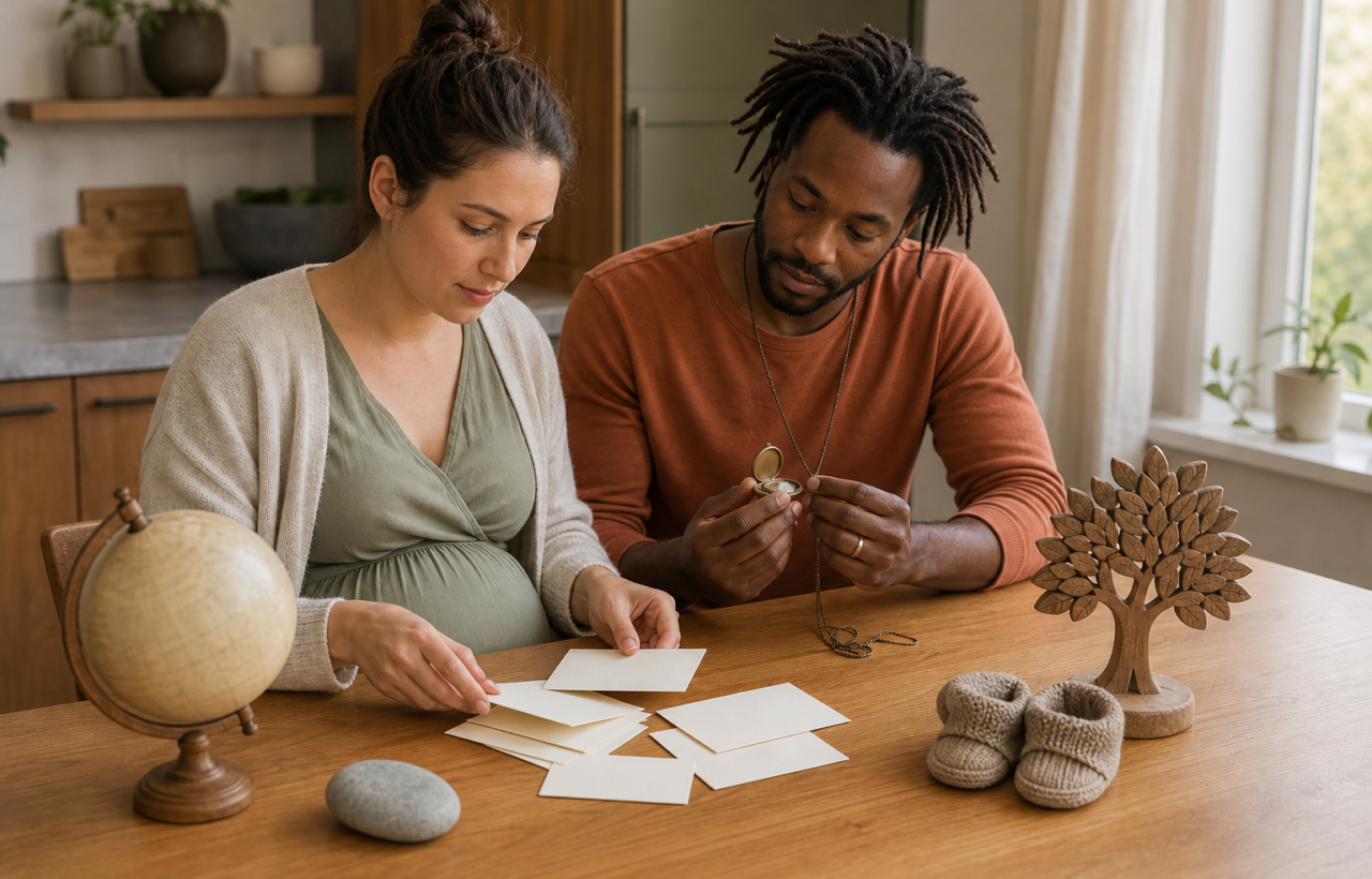Expectant couple considering blank cards beside baby booties, a globe and family keepsakes at a kitchen table.