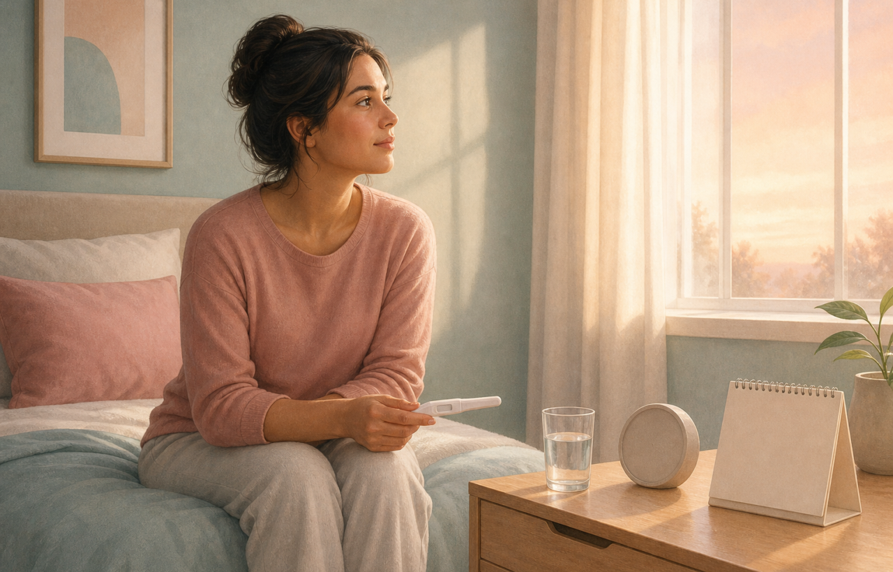 A woman sits on the edge of a bed at dawn holding a home pregnancy test and looking toward a window, with a clock and glass of water nearby.