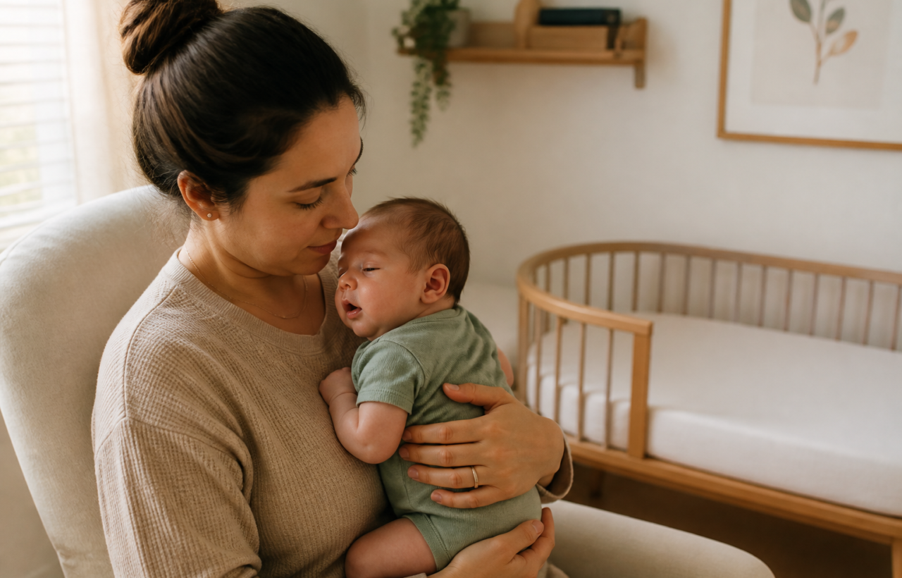 A parent calmly holds a sleepy two-month-old baby in a softly lit nursery after a vaccination appointment.