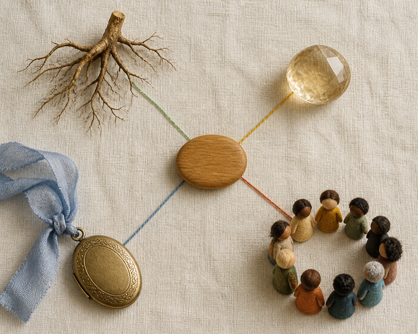 Central wooden token connected to tree roots, a translucent stone, human figures and a family locket representing four aspects of a name.